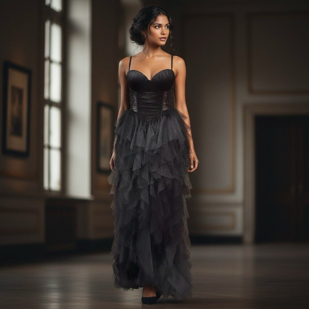 Whimsigoth Tulle Ruffle Black Maxi Formal Dark Romantic Coquette Prom Dress